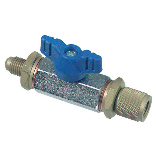 N794-3655 Afsluiter passend op vulslang, 1/4" SAE uitw. x 3/16" SAE inw., met losse moer en ventielkern (auto AC-R134a LD-zijde), blauw.
