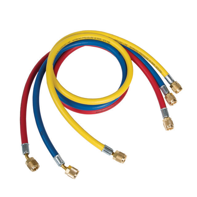 N794-3060 Refco CCL-36 |  Set van 3 slangen | 90 cm | blauw/rood/geel | 1x 1/4" SAE recht | 1x 1/4" SAE haaks met core depressor
