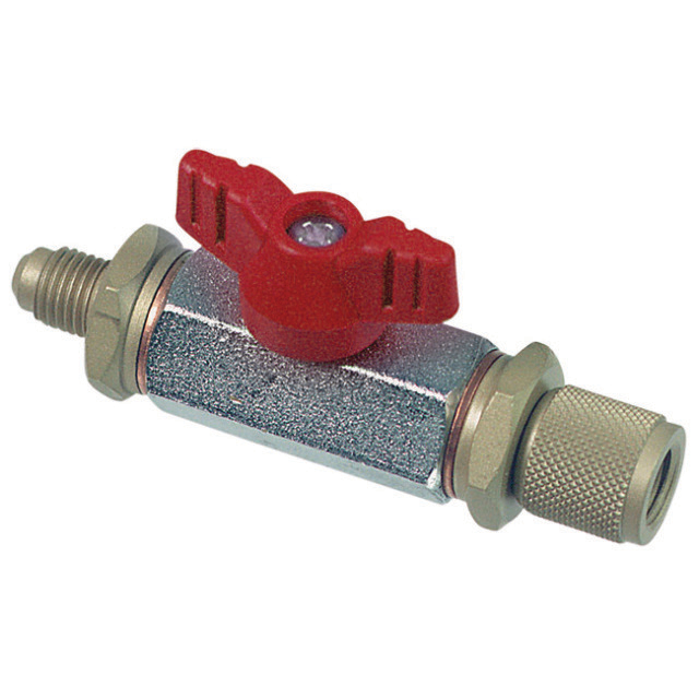 N794-3660 Afsluiter passend op vulslang, 1/4" SAE uitw. x 3/16" SAE inw., met losse moer en ventielkern (auto AC-R134a HD-zijde), rood.