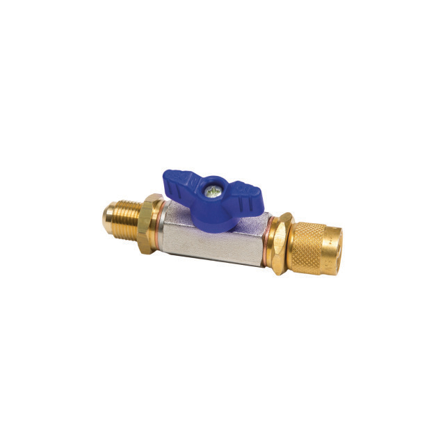 N794-3670 Afsluiter passend op vulslang, 3/8" SAE uitw. x 3/8" SAE inw., met losse moer en ventielkern, blauw.