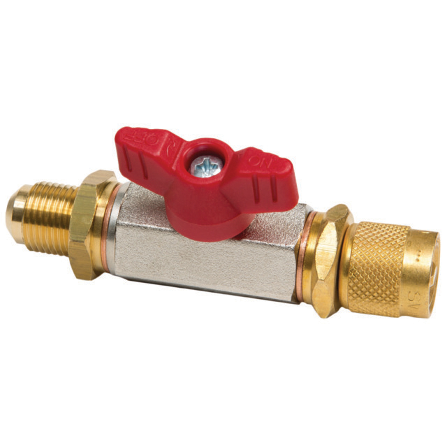 N794-3680 Afsluiter passend op vulslang, 3/8" SAE uitw. x 3/8" SAE inw., met losse moer en ventielkern, rood.